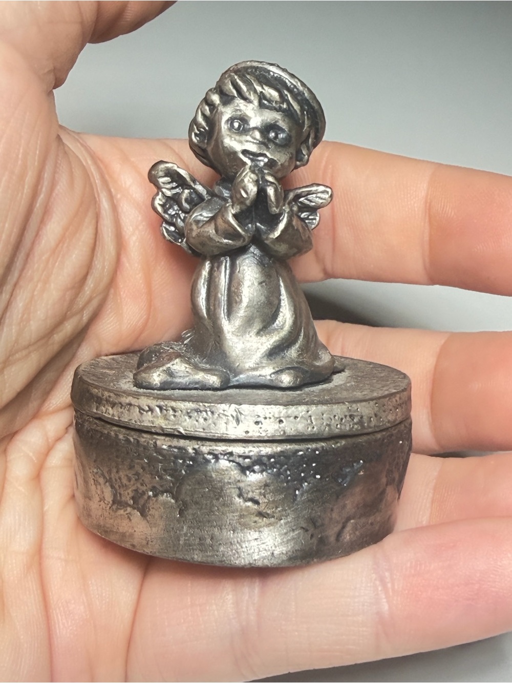 Pewter Tooth Fairy Angel Trinket Box Rhinestone Halo Vintage